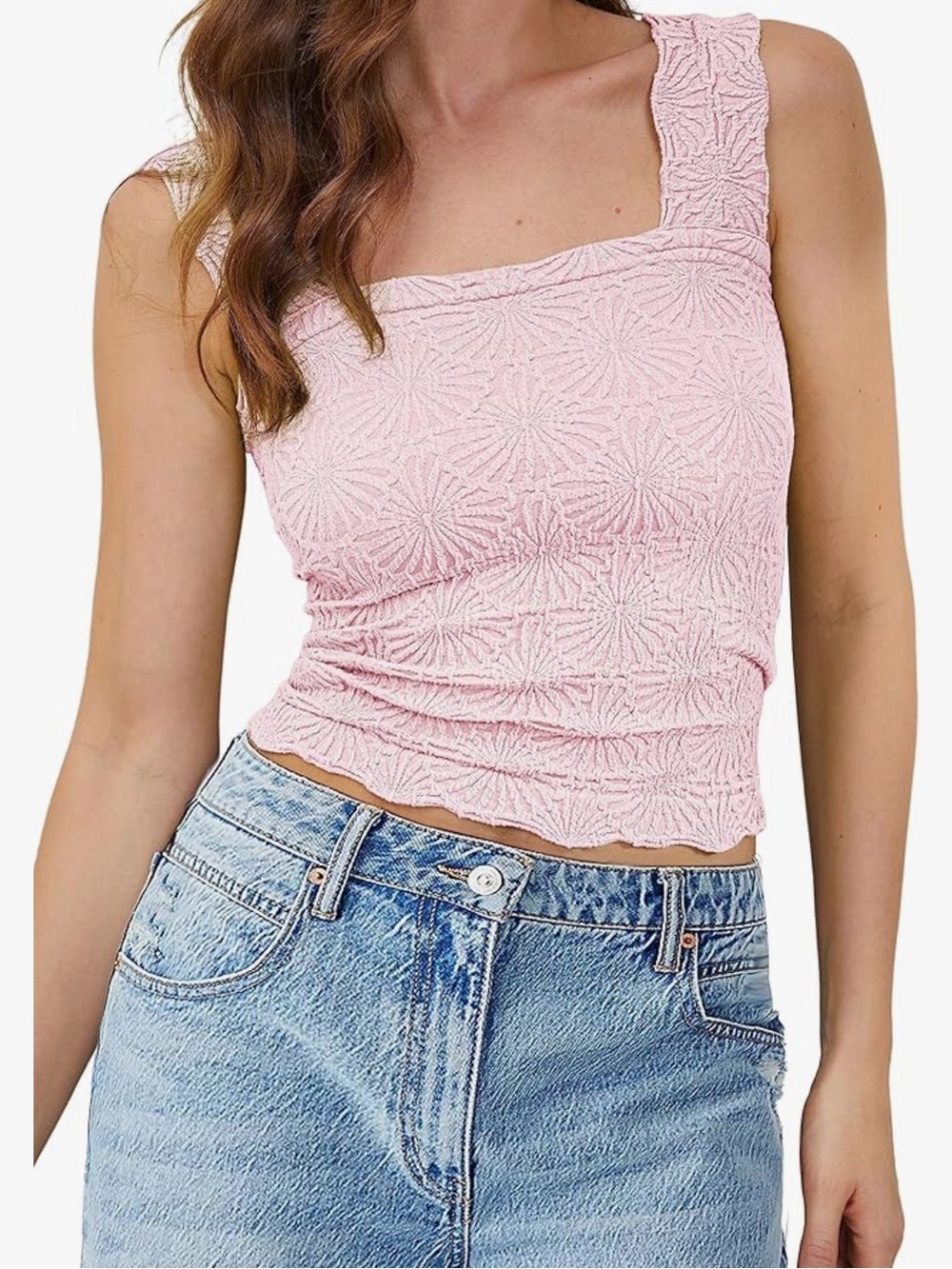 Textured Square-Neck Crop Tank Top - Light Pink